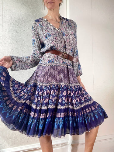 1970s/80s Adini Indian Hand Block Print Cotton Floral Dress. M