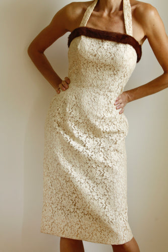 1950's vintage lace and fur off white sleeveless wiggle bridal dress