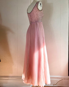 Vintage 1960s Beaded Pink Pleated Maxi Gown.S