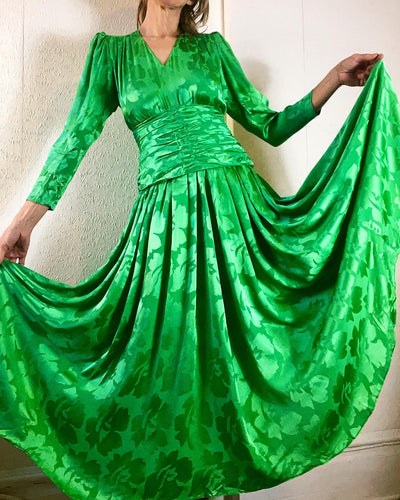 1970s/80s Kelly Green Silk Damask Dress. Size 4