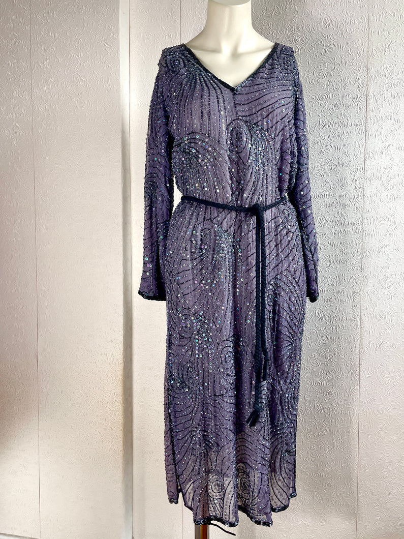 1970s/80s Silk Beaded Art Deco Dress. M
