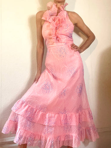 1970s Ruffled Pink Chiffon Halter Dress. size 4