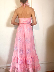 1970s Ruffled Pink Chiffon Halter Dress. size 4