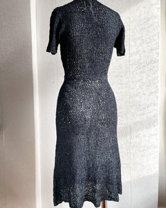 Vintage 1940's Black Ribbon Crochet Dress. S