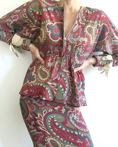1970s Vintage Chloé Silk Paisley 3 Piece Skirt and Blouse set. 0-2