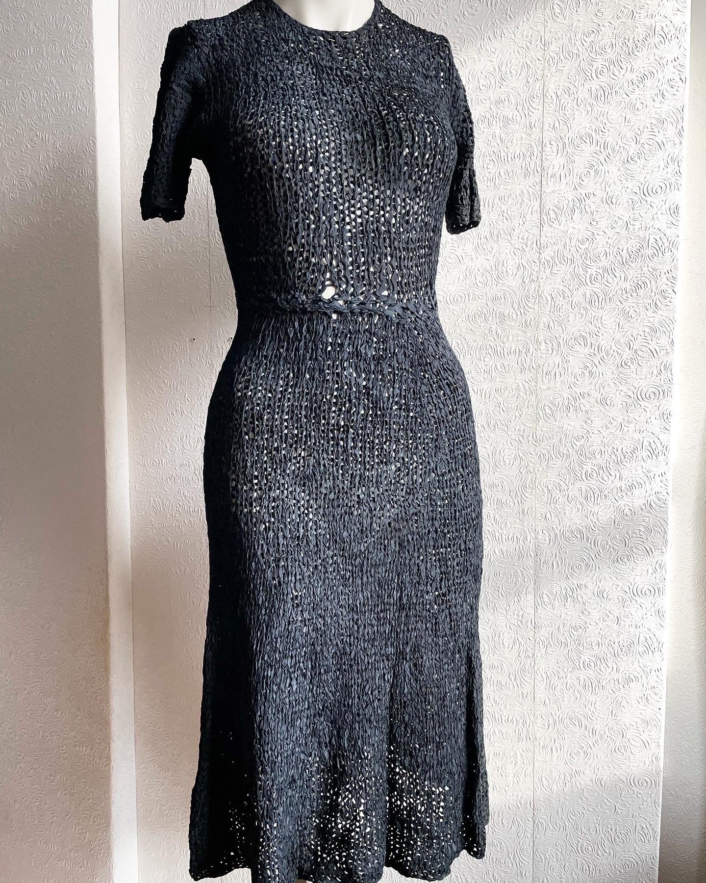 Vintage 1940's Black Ribbon Crochet Dress. S