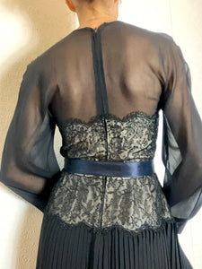 Vintage 1970's Nina Ricci Silk and Lace pleated gown. S/M