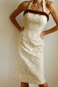 <img  src="vintage wiggle dress"  alt="1950's vintage lace and fur off white sleeveless wiggle bridal dress"